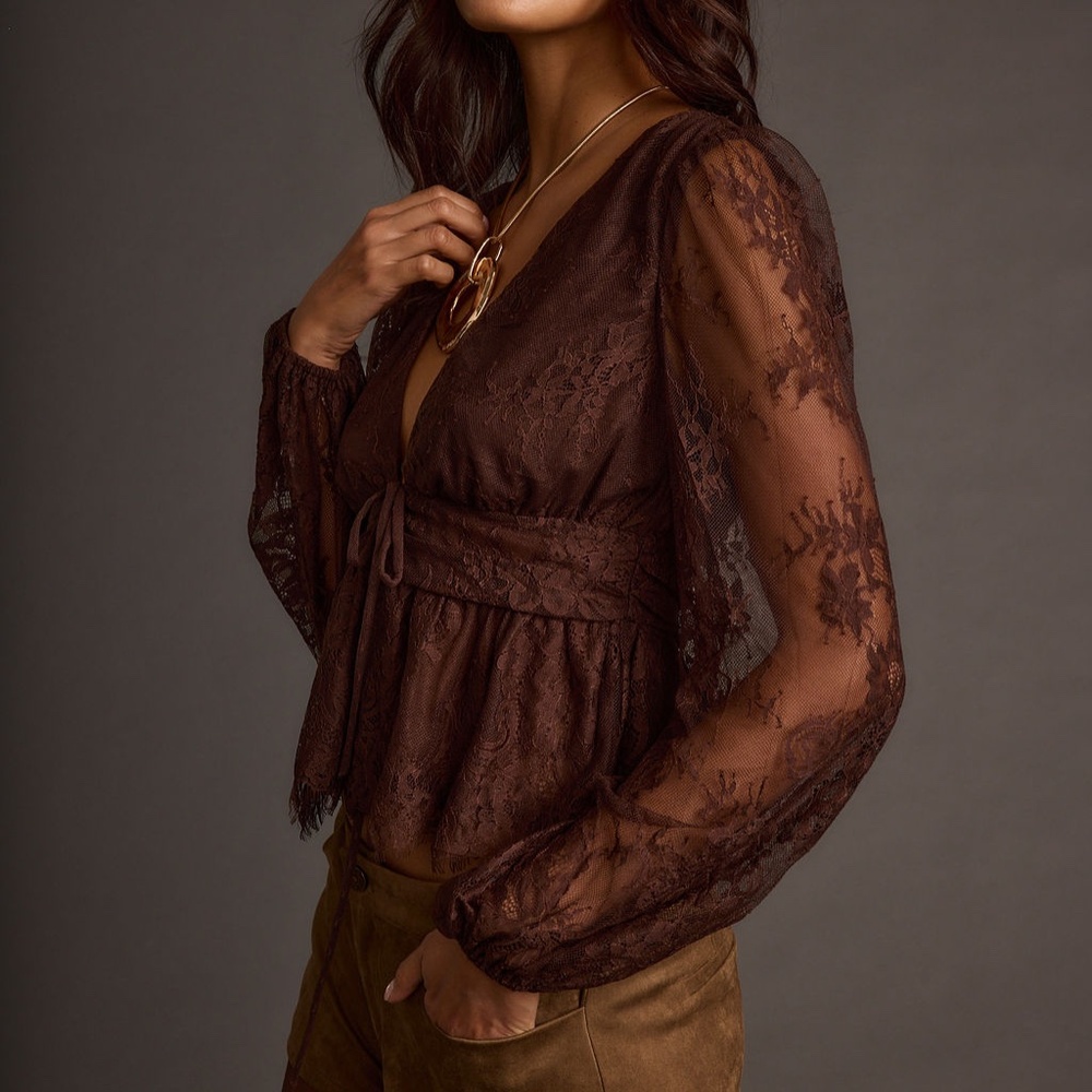 12th Tribe Callahan Mocha Lace Blouse Size SS - Picture 3 of 3